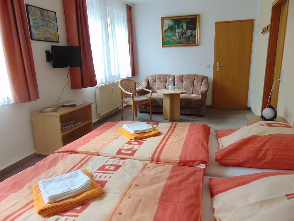 Schlafzimmer mit Fernseher und Wohnzimmer